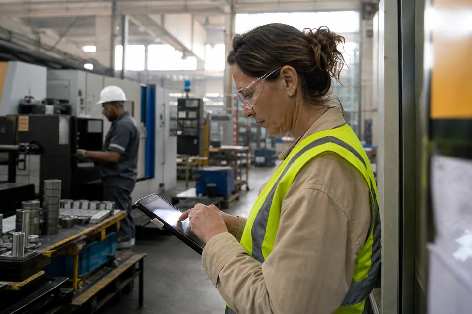 Plant HR manager reviewing a candidate shortlist on a tablet beside a production line