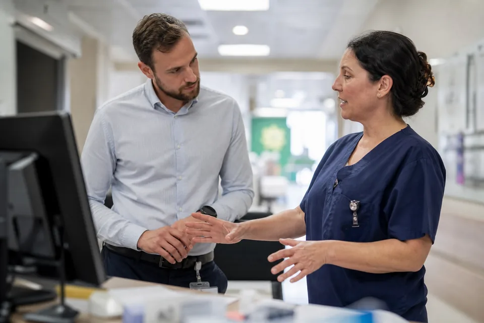 Hospital recruiter and nurse manager reviewing candidates at a workstation