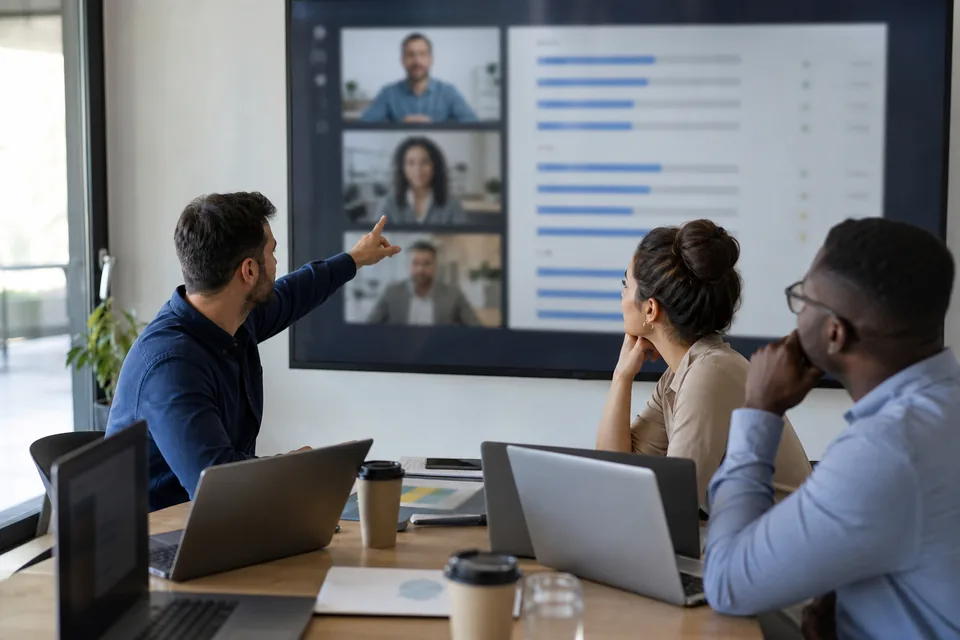 Recruiting team comparing scored candidate interviews on a wall monitor