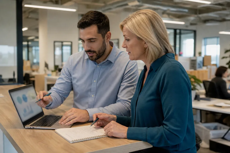 Talent acquisition lead and hiring manager comparing candidate assessment results on a laptop