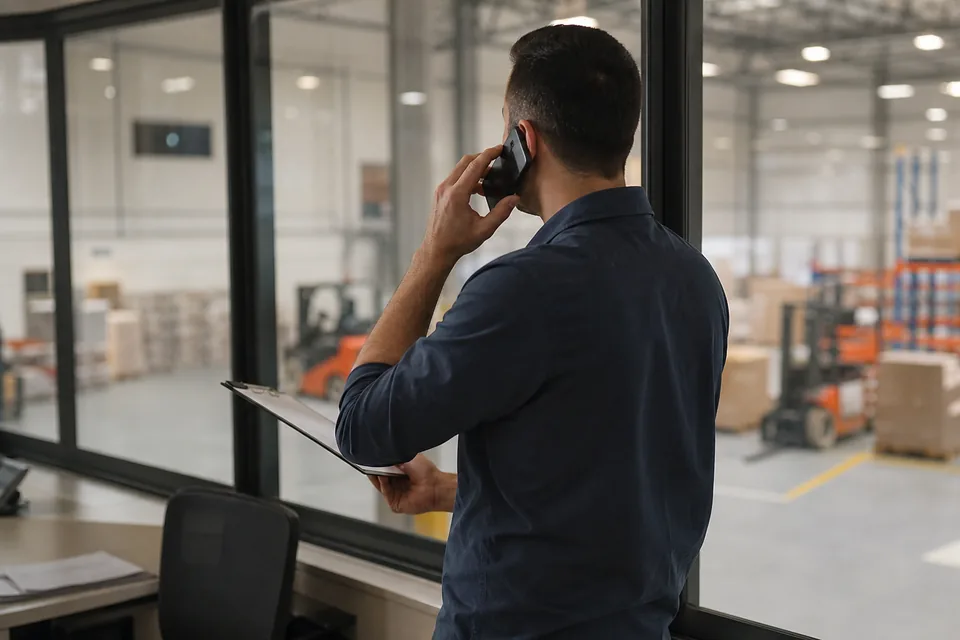 Hiring coordinator on a phone call in a distribution center office, reviewing hourly applicants