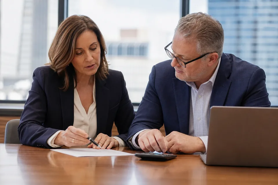 Staffing firm operations director and finance manager reviewing a software contract in a conference room