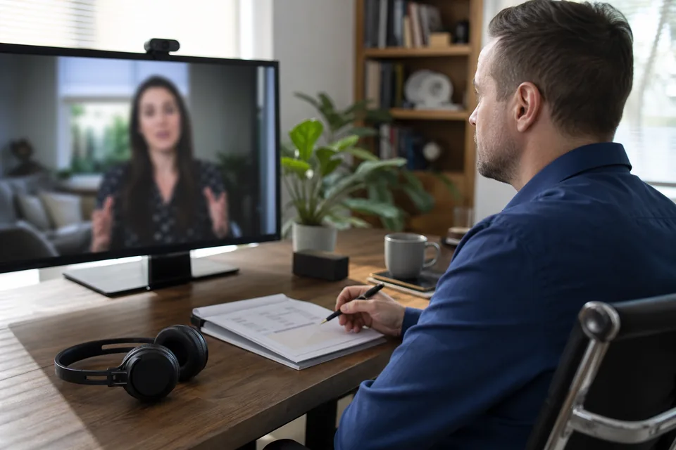 Hiring manager reviewing a recorded candidate video interview from a home office