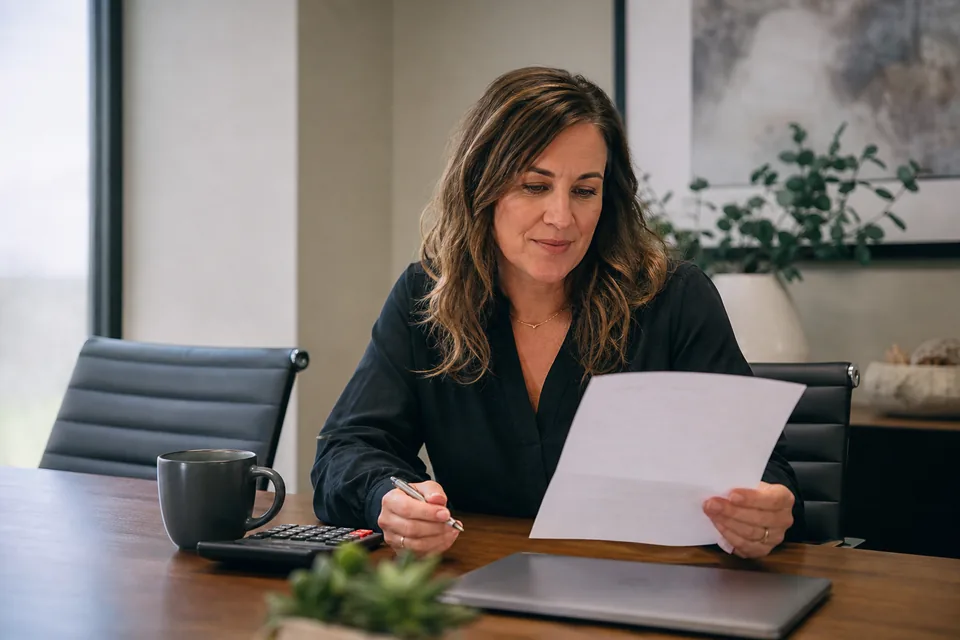 Staffing agency owner reviewing a software contract at a conference table
