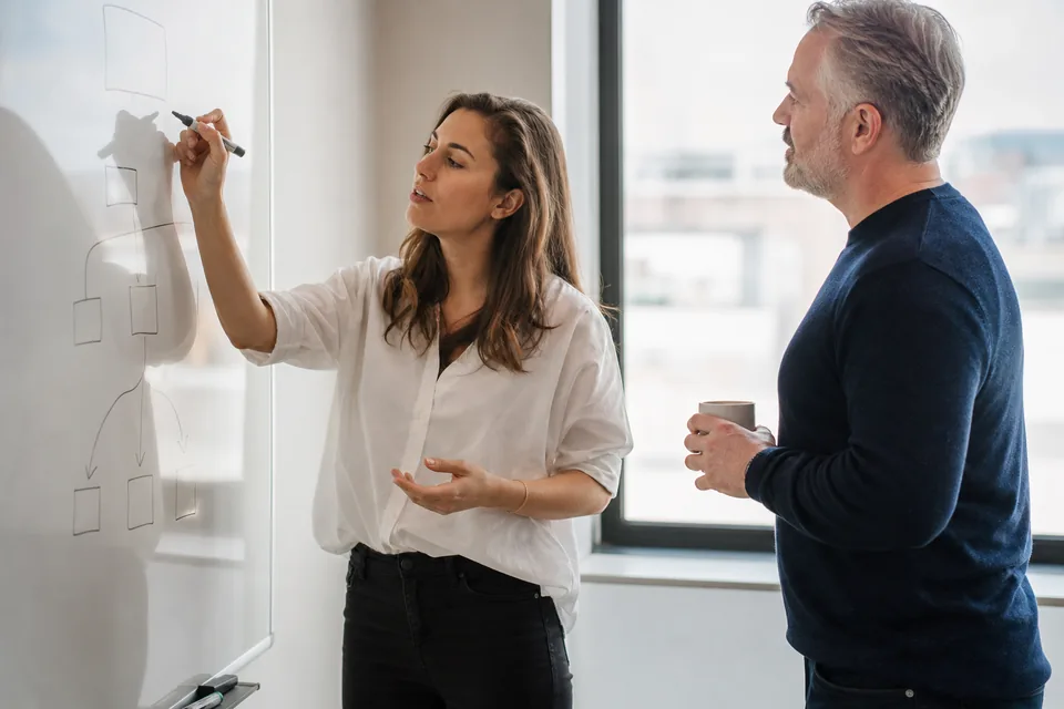 Talent acquisition team planning monthly interview volume on a whiteboard