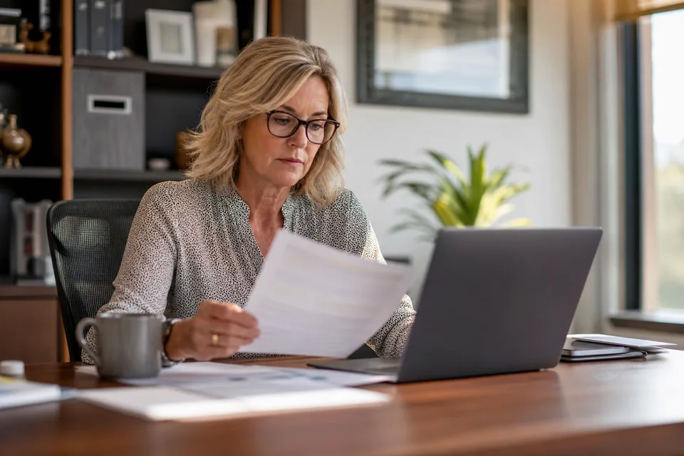 HR director reviewing an interview software renewal quote next to a laptop budget sheet
